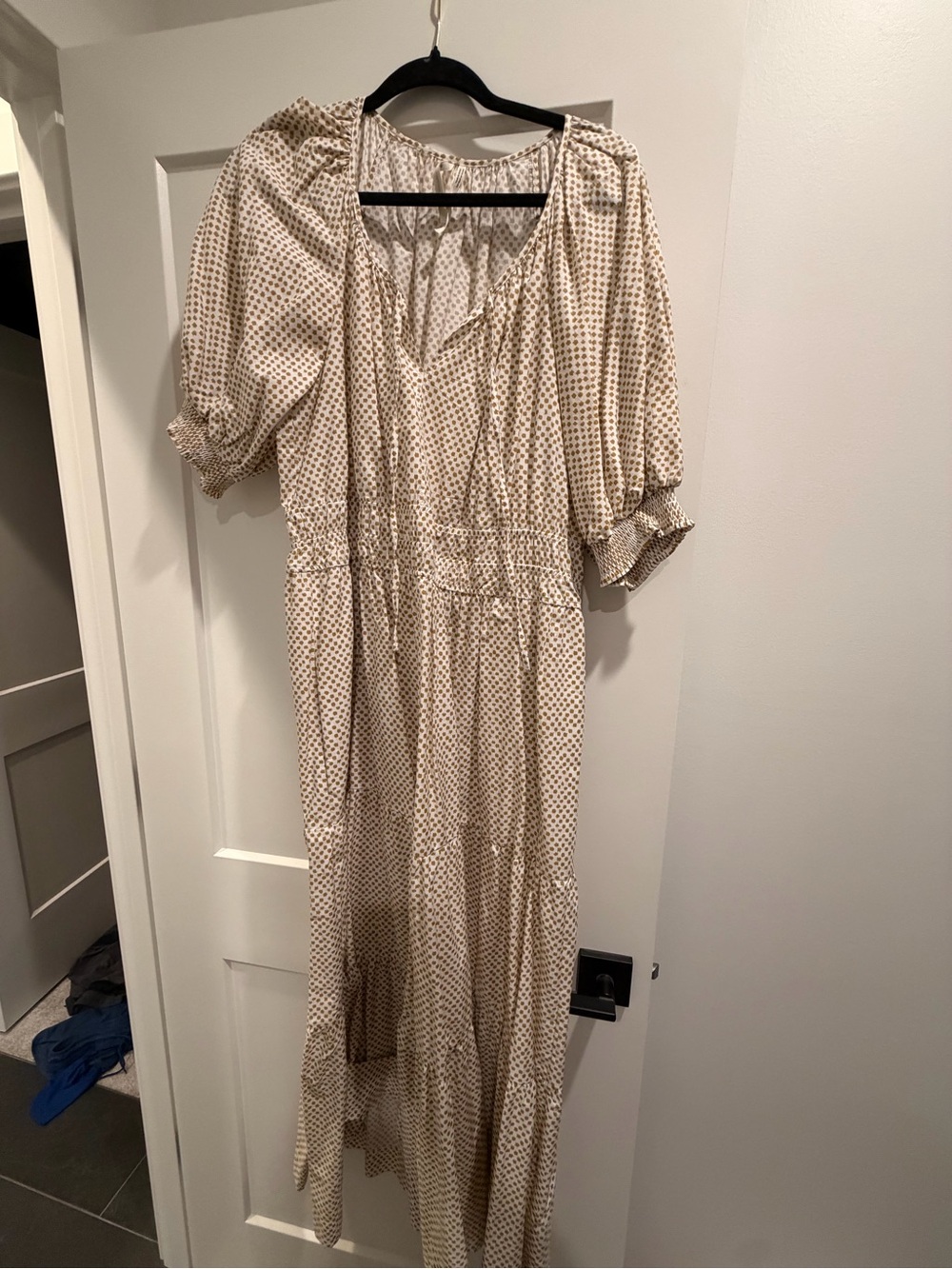 Anthropologie Cream Dress with Brown Dot Print - Maxi Puff Sleeve